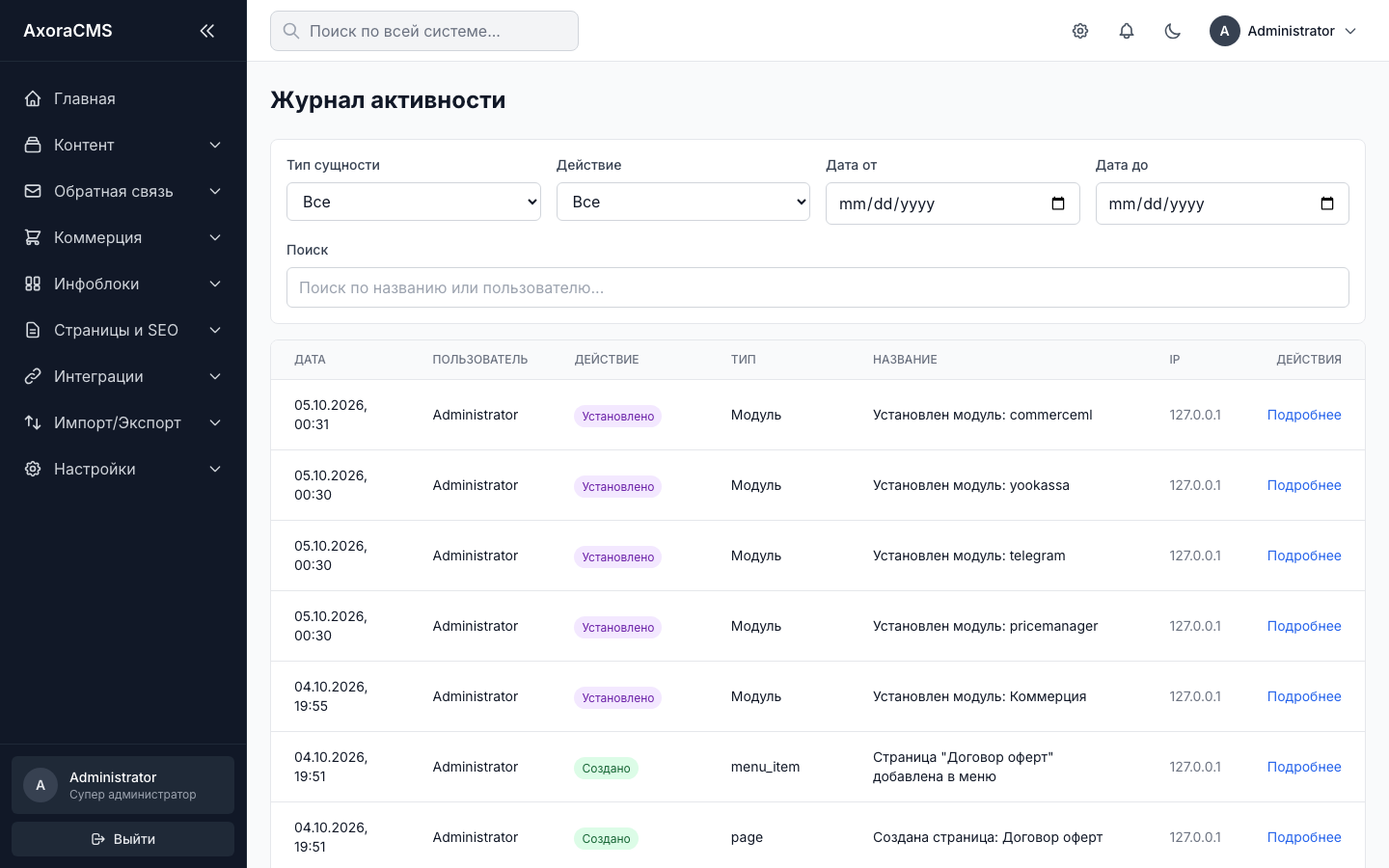 Журнал активности